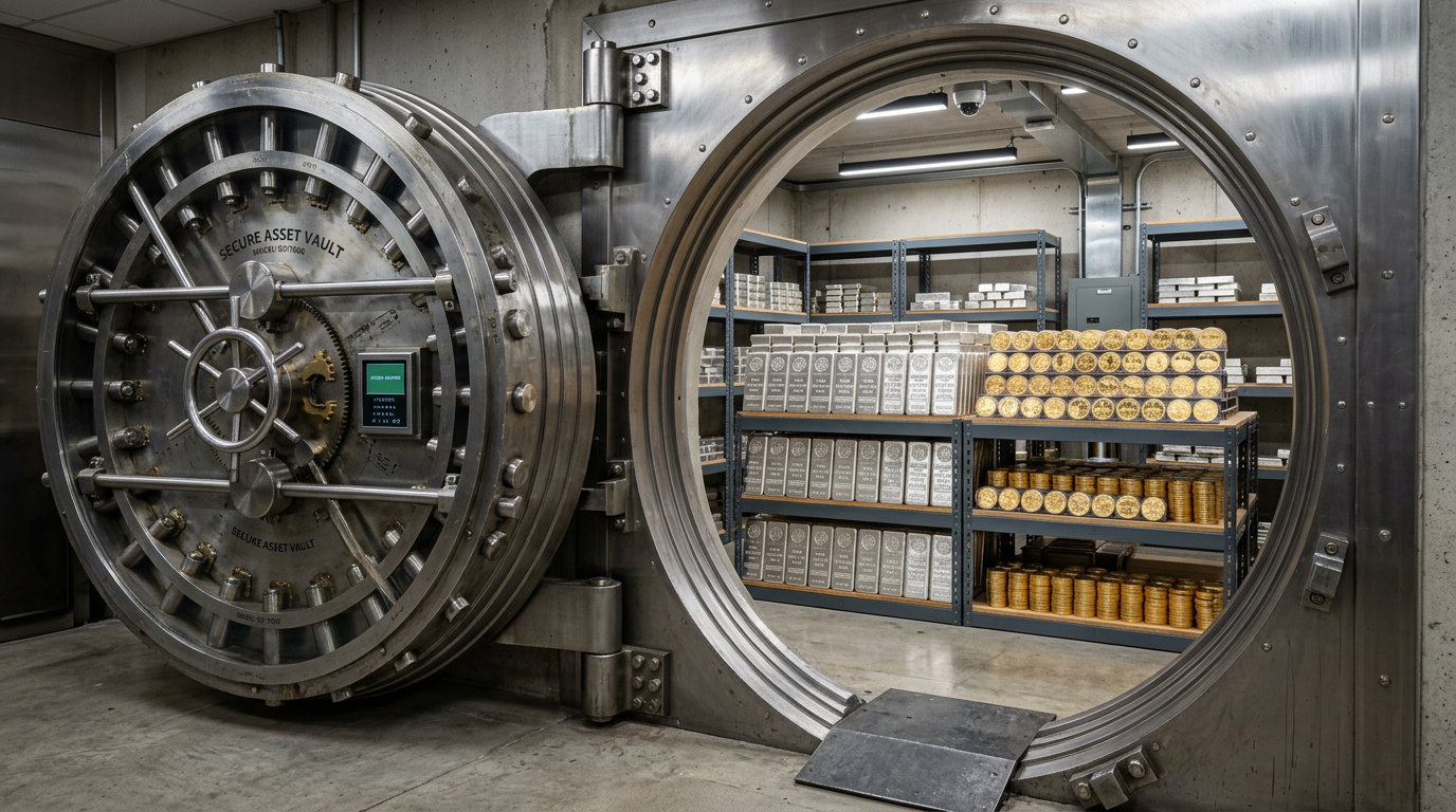 Secure depository vault storing physical gold and silver bullion for Birch Gold IRA clients